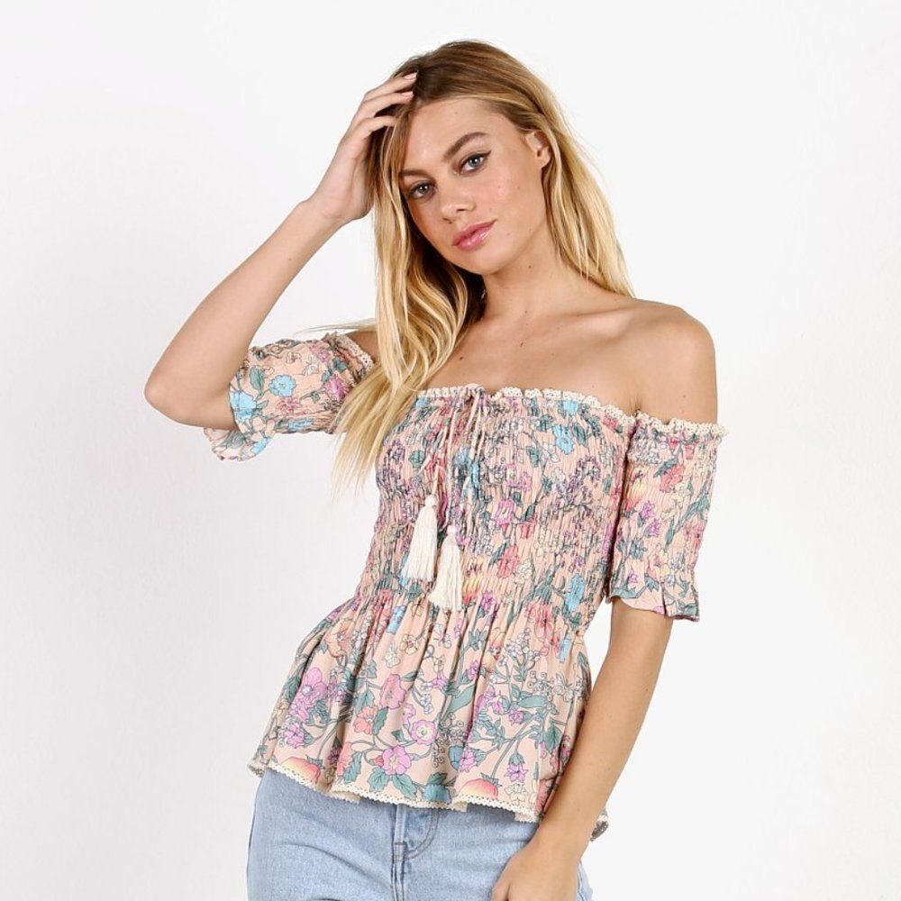 Spell Floral Off-Shoulder Blouse - Pink and Blue